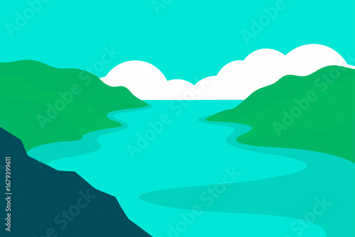 Stylized flat illustration of a winding turquoise river flowing between green hills under a bright blue sky with fluffy white clouds