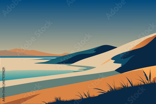 Stylized landscape with rolling sand dunes meeting a calm body of water and distant mountains under a gradient sky