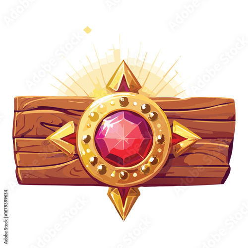 Majestic wooden and golden clasp with a striking red gem at its center, surrounded by sun rays, a powerful and decorative fantasy emblem