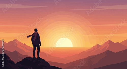 Solitude Personifies Sunset's Embrace Over Majestic Mountains at Dawn or Dusk