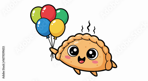 Cute cartoon empanada character holding colorful balloons flying cheerfully.