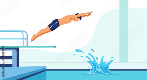 Swimmer diving from diving board into pool, sport, summer, activity, cartoon illustration