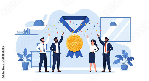 Business team celebrating medal award for project success