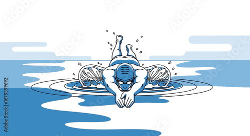 Swimmer Diving Into The Water And Creating A Splash With Abstract Illustration Style