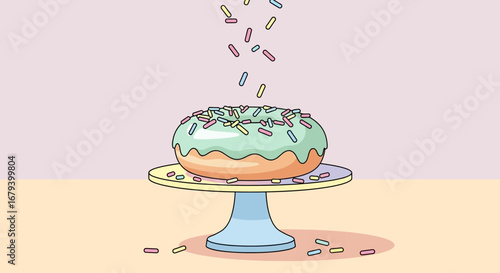 Sweet, Tasty Donut With Colorful Sprinkles Dropping onto Cake Stand, A Tempting Visual