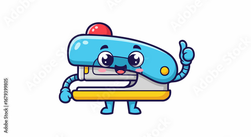 Cute cartoon stapler character with a happy face and thumbs up gesture.