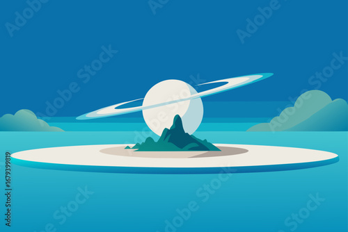 Stylized illustration of a ringed planet rising behind a mountainous island in a tranquil blue ocean under a clear sky