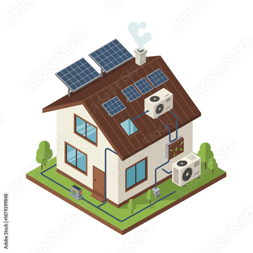 Isometric Vector Illustration of a Smart Home with Solar Energy