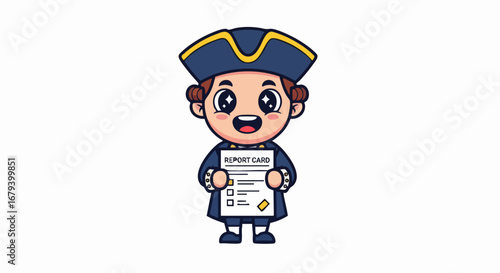 Cartoon Colonial Character with Report Card - Educational History Illustration.