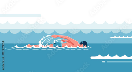 Swimmer in Ocean Performing Freestyle Strokes: A Clean, Minimalist Vector Illustration