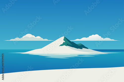 Stylized illustration of a snow capped mountain peak rising from a calm blue ocean under a clear sky with fluffy white clouds