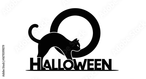 Vector art of black cat silhouette with moon and text halloween