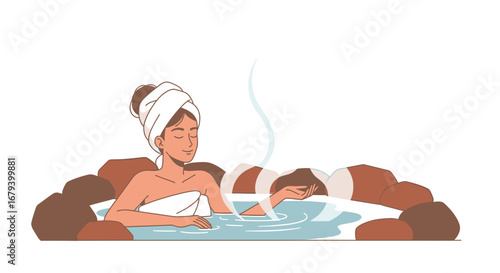 Serene Woman Relaxes In Japanese Hot Spring Enjoying Tranquility And Peaceful Moment