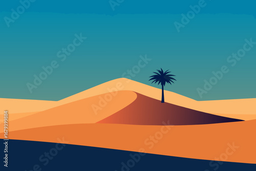 Minimalist desert landscape with a single palm tree silhouetted against a gradient sky and sand dunes