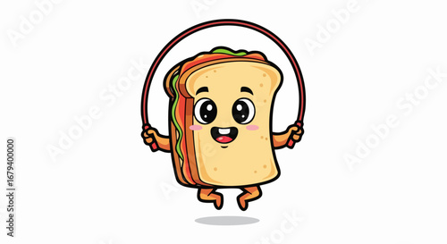 Cute sandwich character jumping rope for fitness and healthy lifestyle.