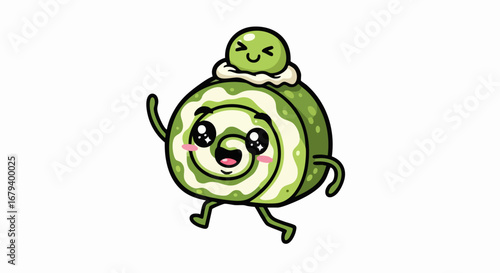 Happy cartoon swiss roll character with cute face and topping.