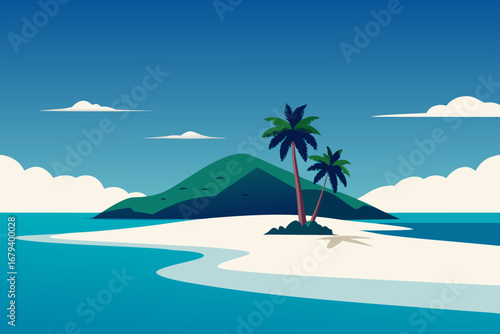 Idyllic tropical island paradise with palm trees and white sand beach under a clear blue sky with fluffy clouds