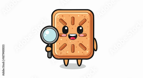 Cute cartoon cracker character holding a magnifying glass for investigation.