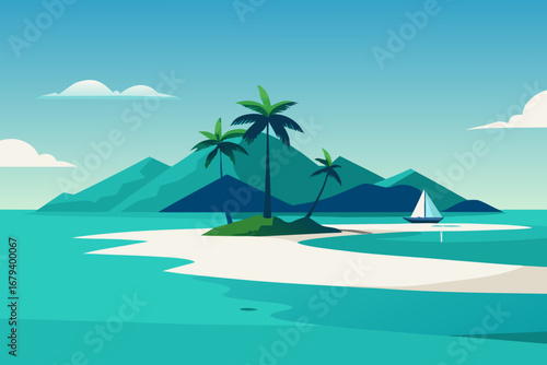 Serene tropical island paradise with palm trees and a sailboat on turquoise water