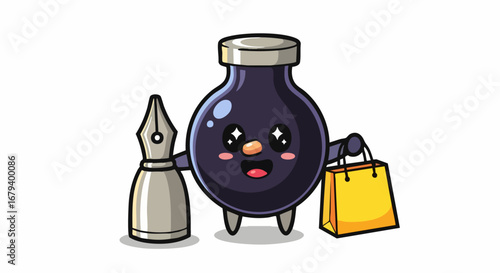 Cute cartoon ink bottle with a fountain pen and shopping bag.