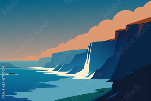 Stylized illustration of a dramatic coastal landscape with cliffs and a waterfall cascading into the ocean under a cloudy sky