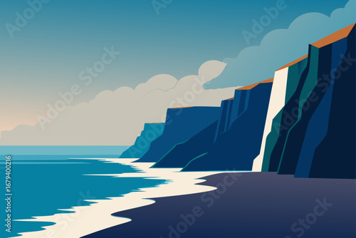 Stylized illustration of a dramatic coastline with dark blue cliffs meeting a calm ocean and a sandy beach under a cloudy sky