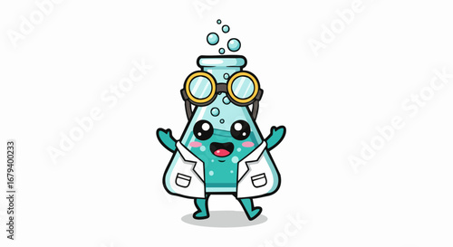 Cute cartoon science beaker character wearing a lab coat and goggles.