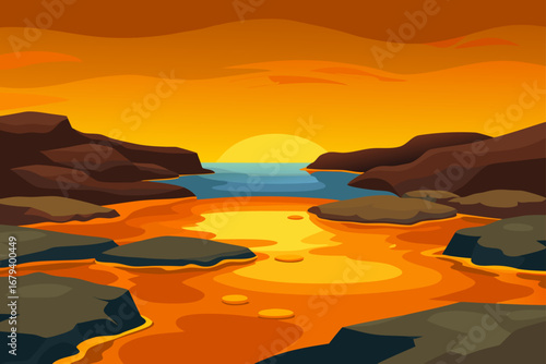 Stylized landscape featuring a vibrant orange lava flow meeting a calm blue body of water under a warm sunset sky with rocky shores