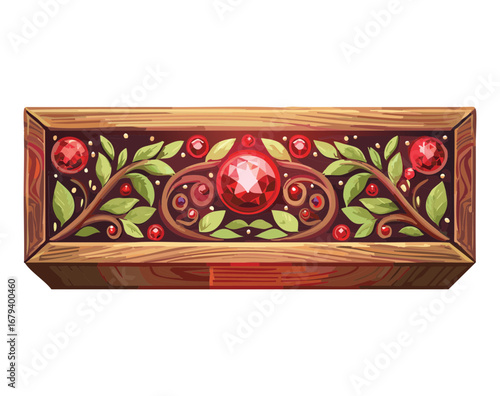 Intricately detailed wooden border adorned with magnificent red gemstones and delicate gold leaves, a majestic decorative element