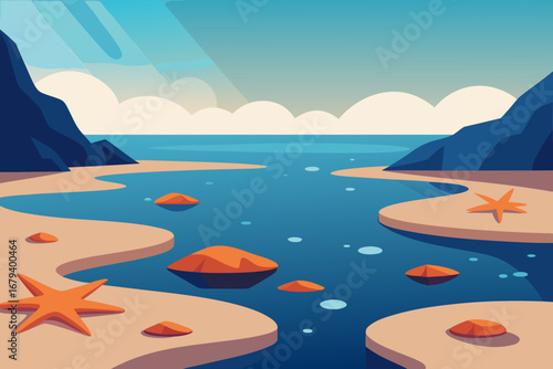 Stylized serene beach scene with calm blue water sandy shores rocky outcrops and orange starfish under a bright sky with sunbeams and clouds