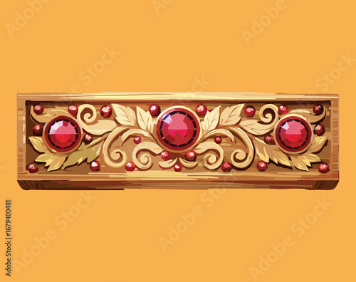 Ornate golden band with filigree and vibrant red ruby gems on a warm background, a detailed wood texture border