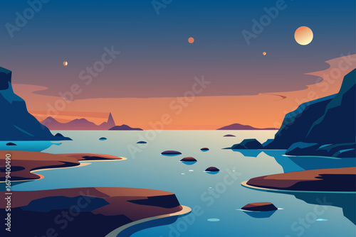 Serene alien planet landscape with calm water rocky shores and multiple moons in a vibrant twilight sky