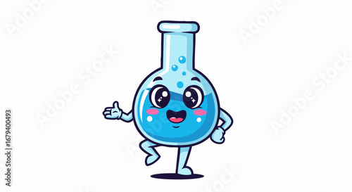 Cute cartoon science flask character with happy face and arms and legs.