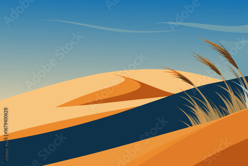 Stylized desert landscape with rolling sand dunes and tall dry grass under a gradient blue sky