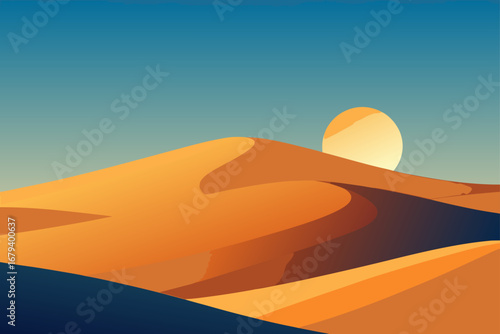 Stylized desert landscape with rolling sand dunes and a setting sun under a clear blue sky