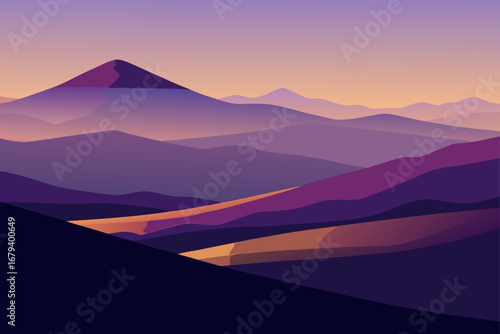 Stylized mountain landscape at sunset with purple and orange hues and layered peaks