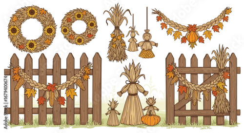 Autumn Harvest Rustic Decor with Wreaths Banners and Wooden Fences