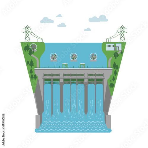 Isometric View of a Large Hydroelectric Power Plant