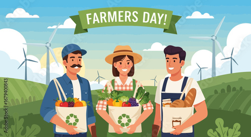 Celebrating Farmers Day with joyful farmers holding fresh produce in a vibrant rural setting