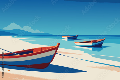 Three colorful boats rest on a sandy beach beside a calm turquoise ocean under a clear blue sky