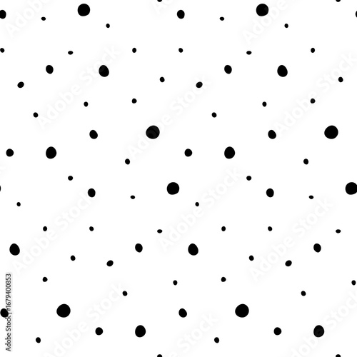Abstract pattern of scattered black dots and circles on a white background, creating a playful and modern design.