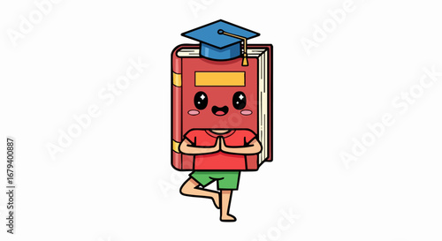 Cartoon Book Character with Graduation Cap Doing Yoga.