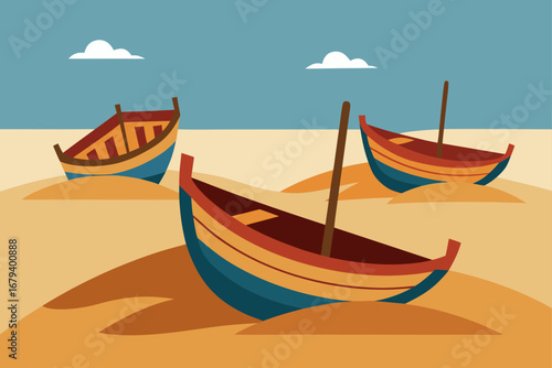 Three colorful wooden rowboats resting on a sandy beach under a clear blue sky with fluffy white clouds