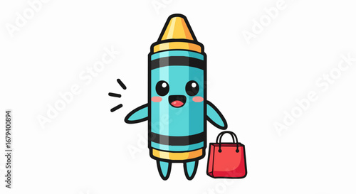 Cute cartoon crayon character happily shopping with a red bag.