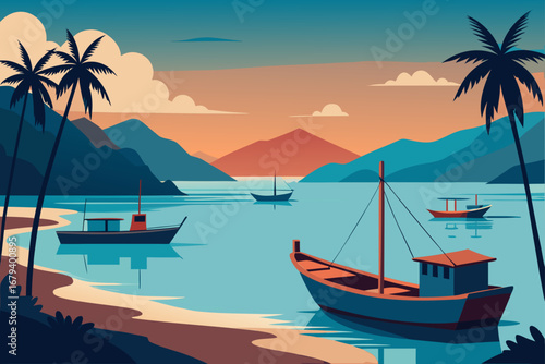Tranquil tropical bay at sunset with palm trees and fishing boats bobbing gently on the calm turquoise water