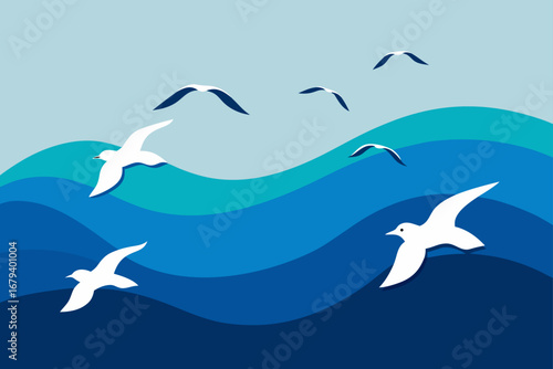 Stylized illustration of white seagulls flying over wavy blue ocean water under a light blue sky