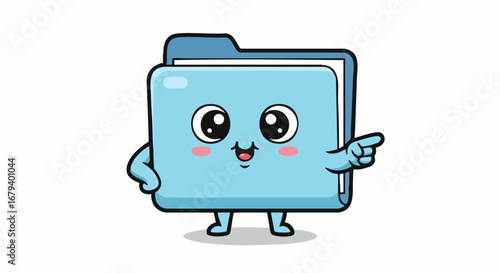 Cute blue folder character pointing with a friendly expression.