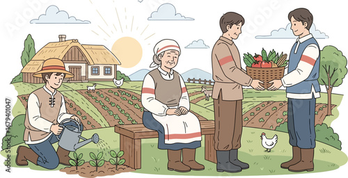 Farming community engaging in sustainable agricultural practices with different generations