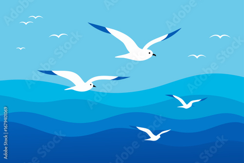 Stylized illustration of white seagulls with blue wingtips flying over wavy blue ocean waves under a clear blue sky