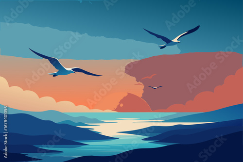 Seagulls soar over a tranquil river valley at sunset with a dramatic sky and distant mountains